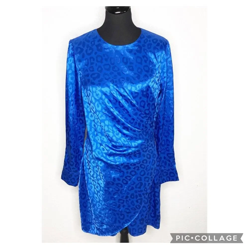 Adelyn Rae bright blue leopard print side drape dress size Large
